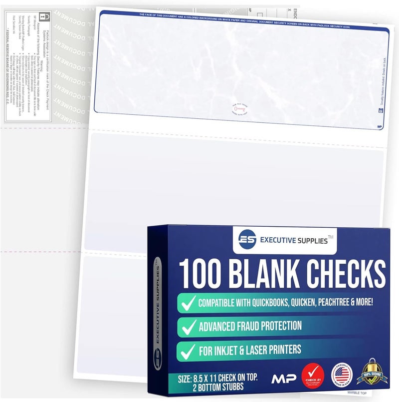 Executive Supplies 100 Blank Check Stock-Check on Top-Blue Marble Pattern-Compatible with Quickbooks*,Quicken,Versacheck and More-(100 Laser Security Sheets-8.5''x11'' #24)-Made in USA with Pride! - Image 1